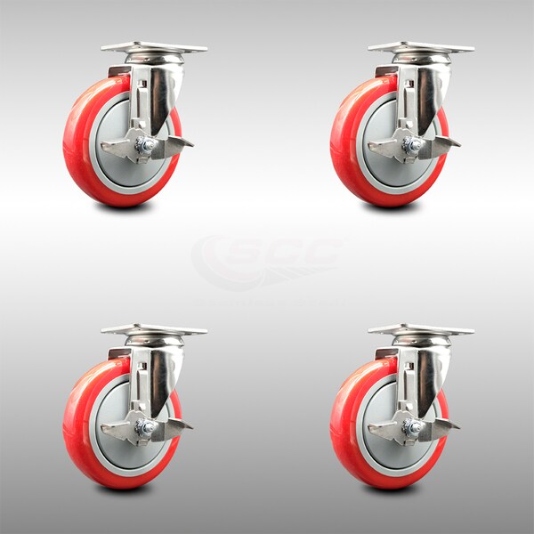 Service Caster 5 Inch 316SS Red Polyurethane Wheel Swivel Top Plate Caster Set with Brake SCC SCC-SS31620S514-PPUB-RED-TLB-4 - main